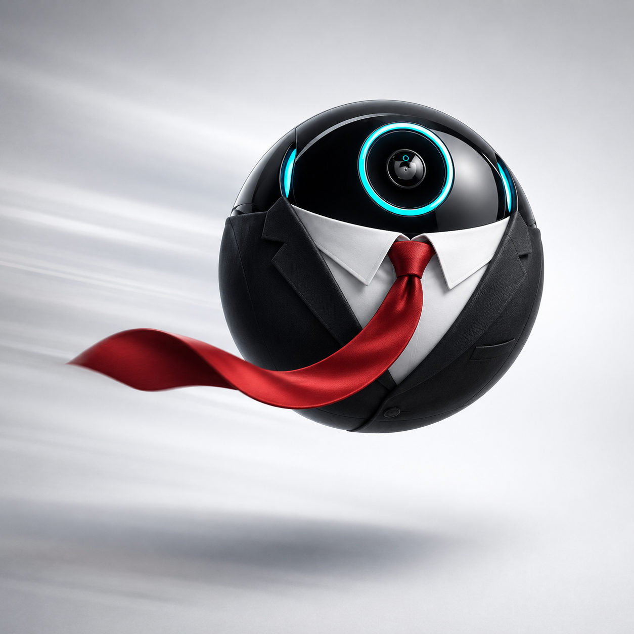 Black ORB in a business suit with a red tie moving forward