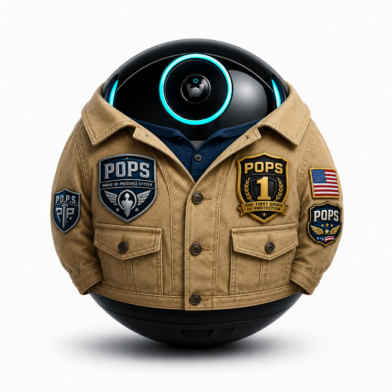 P.O.P.S. jacket ORB with cyan visual details and embroidered patches